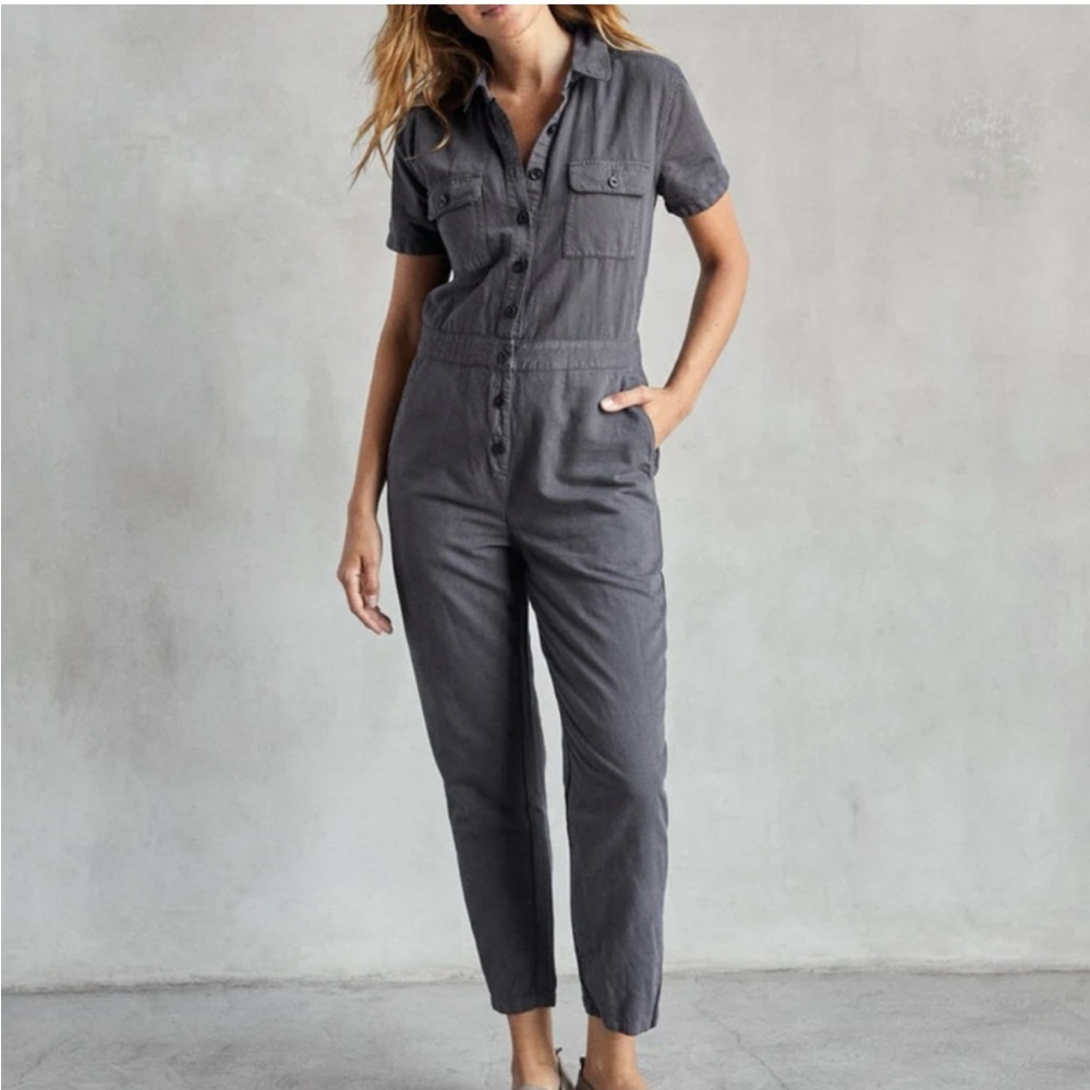 Outerknown S.E.A Short-Sleeve Button-Front Jumpsuit in Charcoal Gray